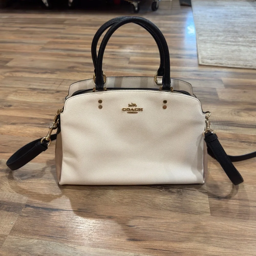 Coach Margot Carryall Satchel Bag Chalk Black Taupe Crossgrain Leather F34607